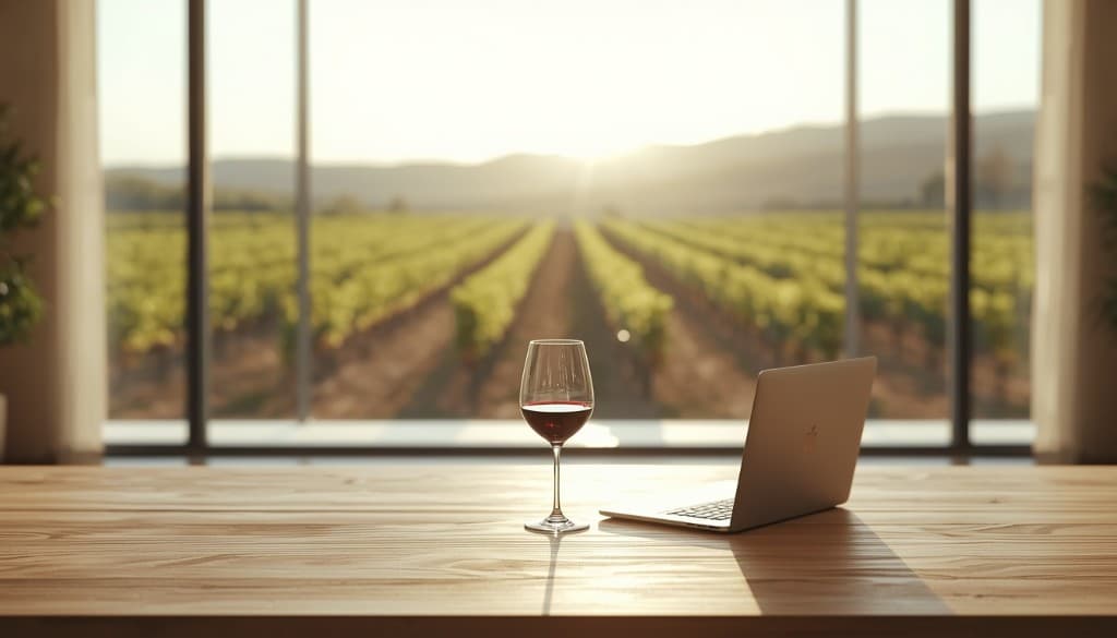 Modern vineyard estate view with laptop and tasting glass
