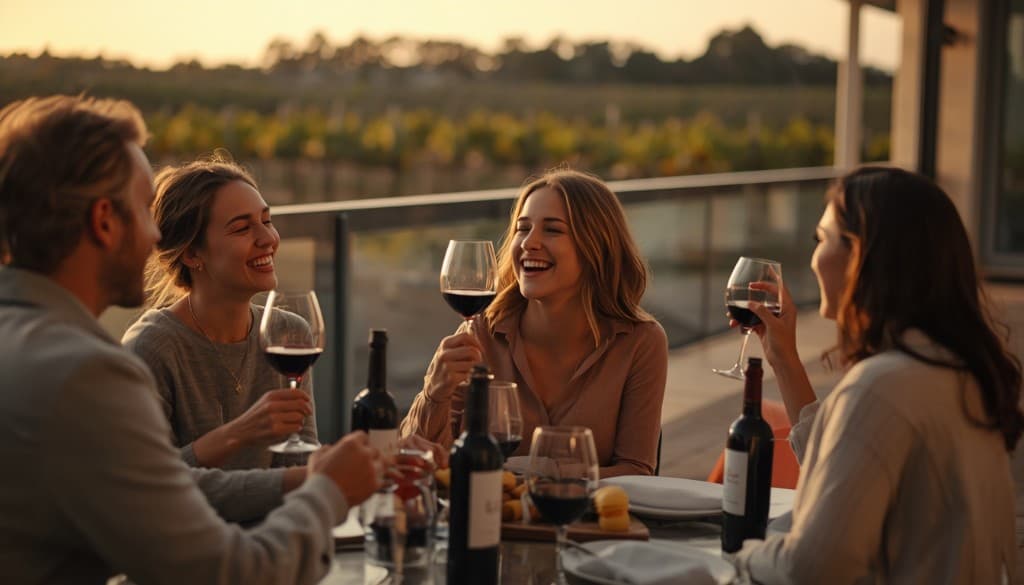 Wine lovers enjoying wine overlooking a vineyard at sunset